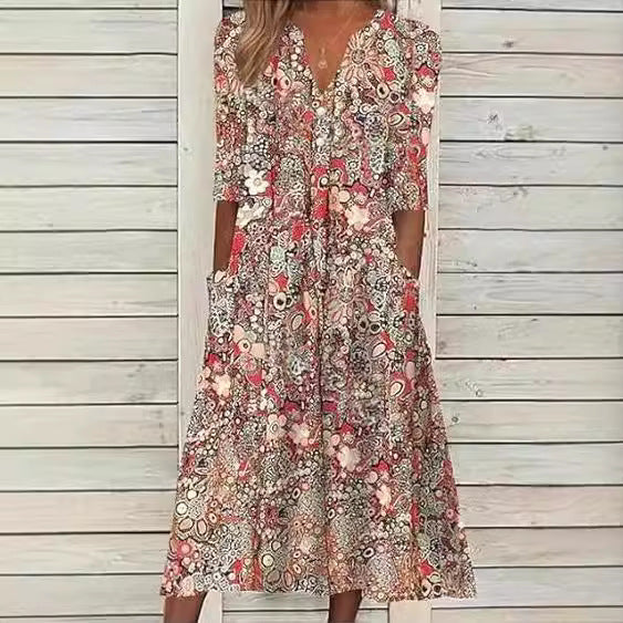 Dame maxikjole med blomster mønstre og praktiske sidelommer Stilla
