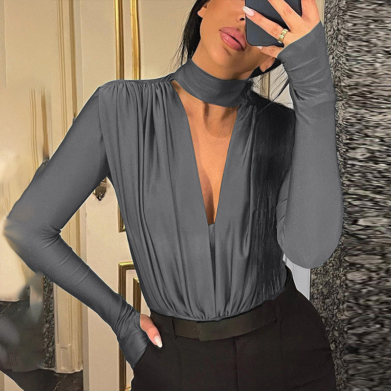Dame Elegant Langærmet Bodysuit med højtstående Krave og gennemsigtig Indsats Stilla