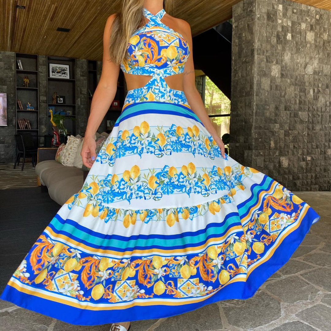 Dame maxikjole med raffineret design og elegante pufærmer Stilla
