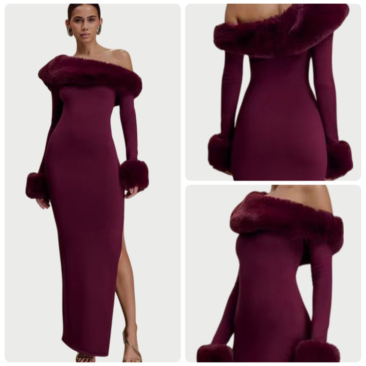 Kvindernes langærmede maxi kjole med off-shoulder look og elegante pels detaljer