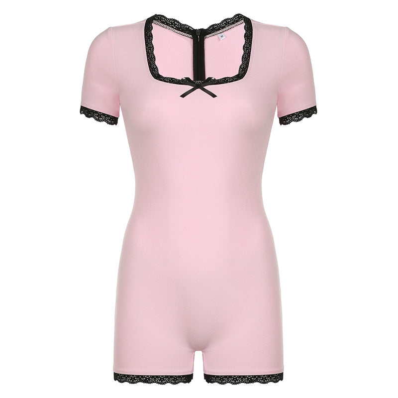 Damen elegante Schlafanzug-Jumpsuit mit Spitzenakzenten Skovae