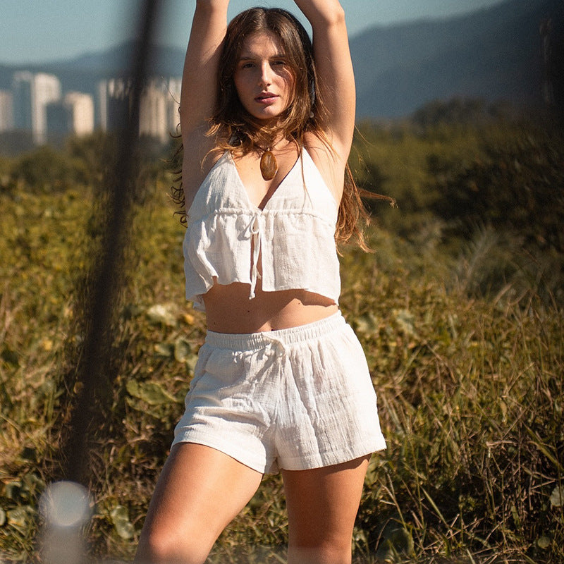 Damen elegantes Halter-Top mit herausragender Raffung und kurzen Shorts Skovae