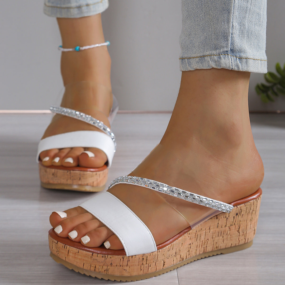 Dame Plateau-Pantoletten med glitrende stropper og ergonomisk korksål Stilla