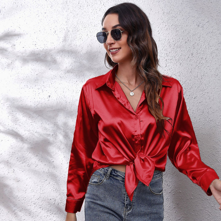 Dame Satin Bluse med Knote Lukning Stilla
