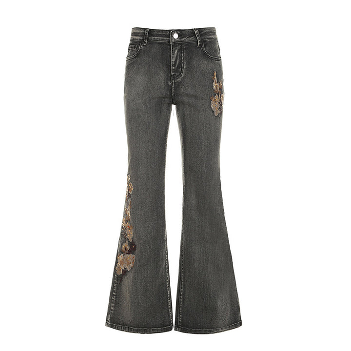 Dame Flared Jeans med floralt broderidesign Skovae
