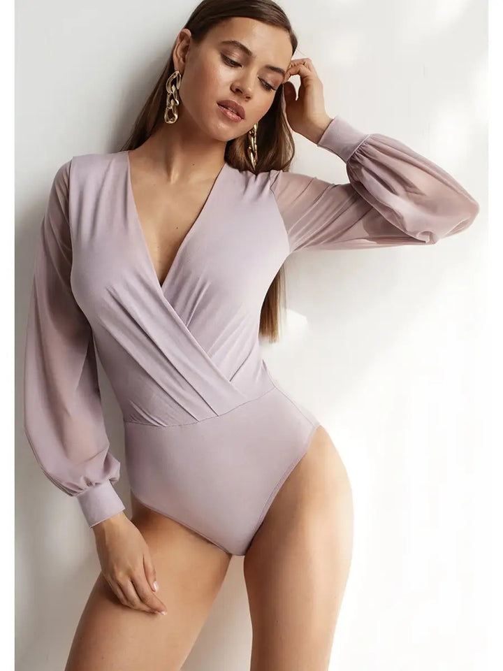 Dame bodystocking med gennemsigtige lange ærmer og omslagdesign Stilla