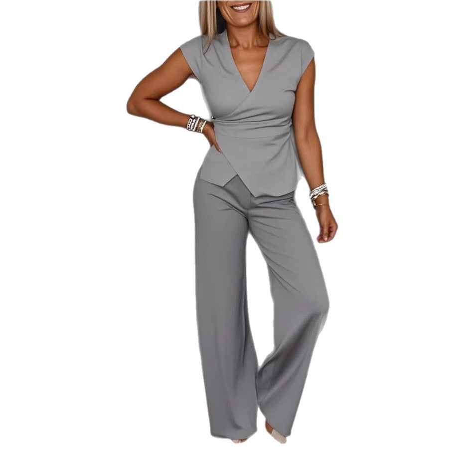 Damer Elegant Wrap-top og bredbenet Bukser Sæt Stilla