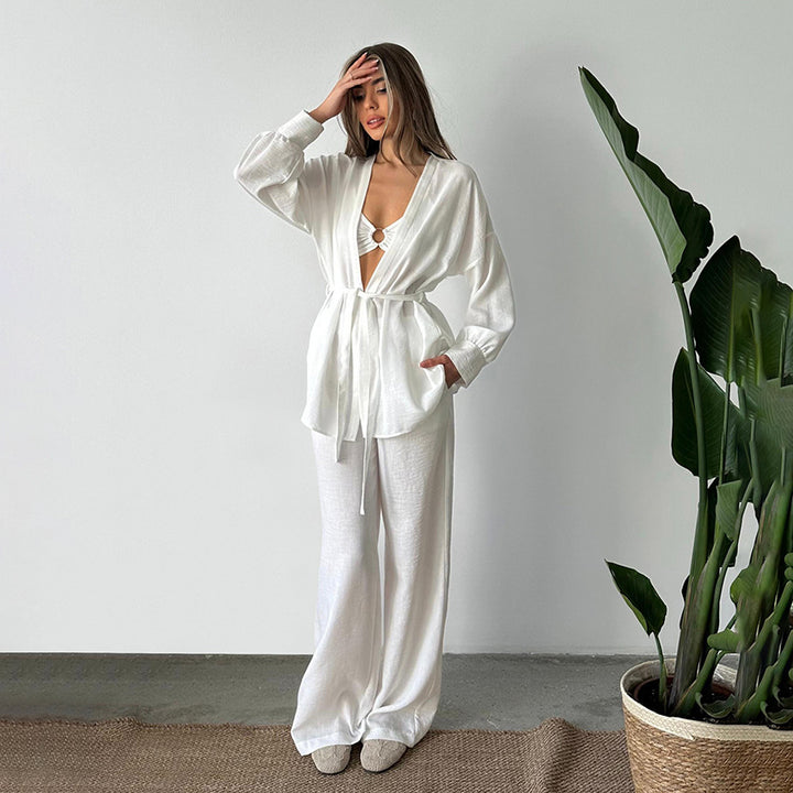 Damer elegant loungewear-sæt med løstsiddende blusejakke og bredt skårne bukser Stilla