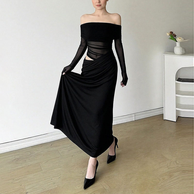 Kvindernes elegante off-shoulder maxikjole med flæsedetaljer og lange ærmer Stilla
