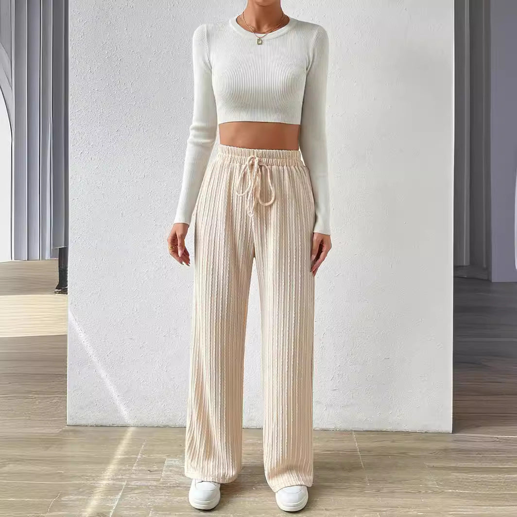 Dame afslappet lounge-sæt med strækbart crop-top og bløde palazzo-bukser Stilla