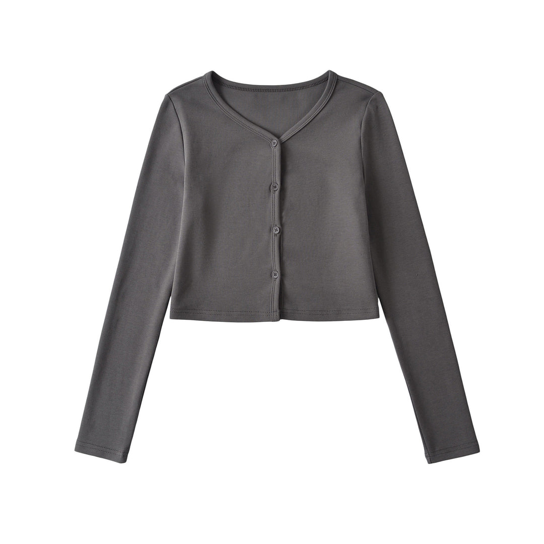 Dame Langærmet Crop-Top med elegant V-udskæring og knapbar design Stilla