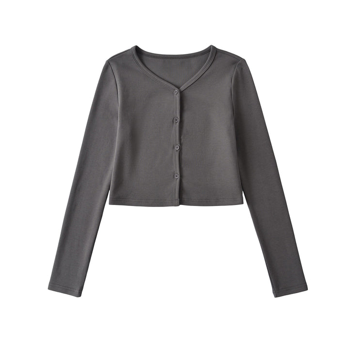 Dame Langærmet Crop-Top med elegant V-udskæring og knapbar design Stilla