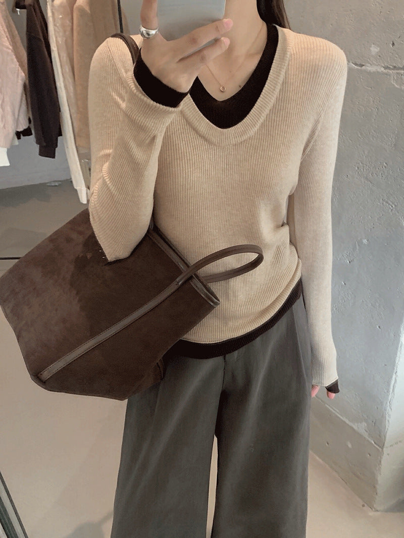 Damer V-hals finstrikket sweater med kontrastmanchetter Stilla