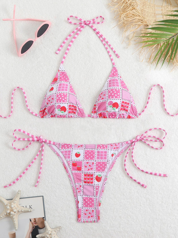 Dame Triangel-Bikini-Sæt med legesygt blomsterprint og fine bindebånd Skovae