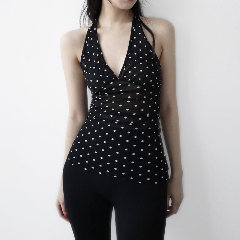 Dame Halterneck Top med Polka Dots Skovae