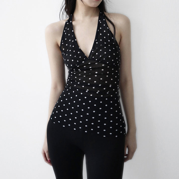 Dame Halterneck Top med Polka Dots Skovae