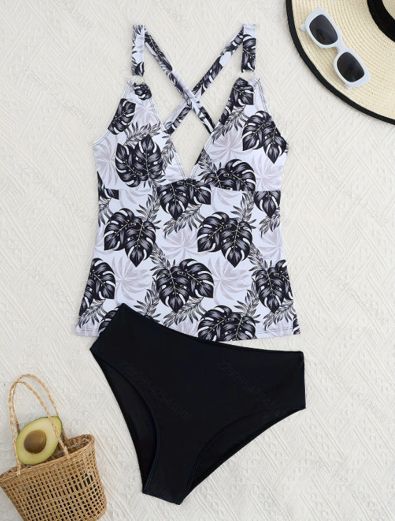 Dame Tankini sæt med blomsterdesign top og klassisk bikini bukser Skovae