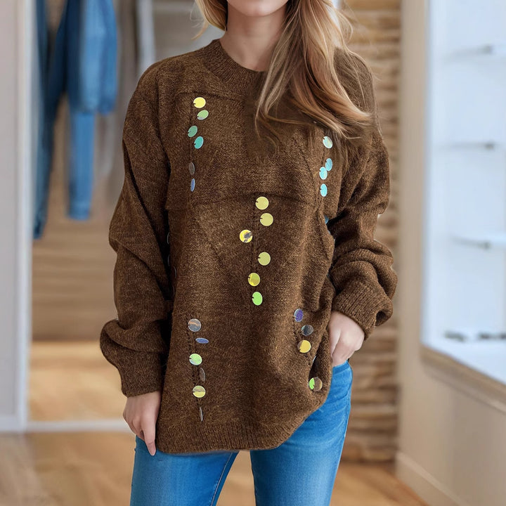 Dame hyggelig strikket pullover med glitrende perler Stilla