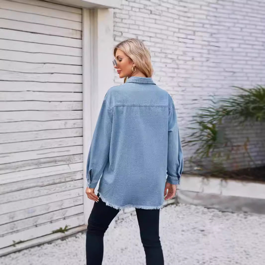 Dame Denim Skjortejakke med frynset kant og elegante brystlommer Stilla
