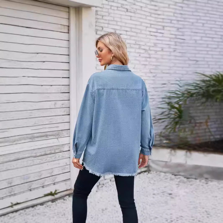 Dame Denim Skjortejakke med frynset kant og elegante brystlommer Stilla