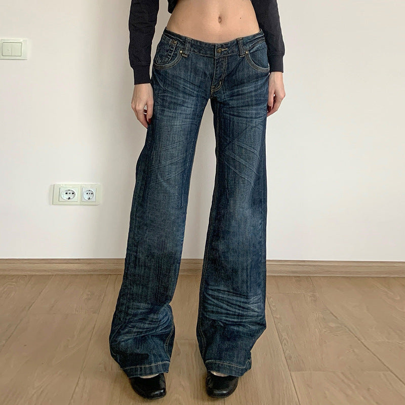Damer brede jeans i vintage-stil med høj talje og mode syninger Skovae