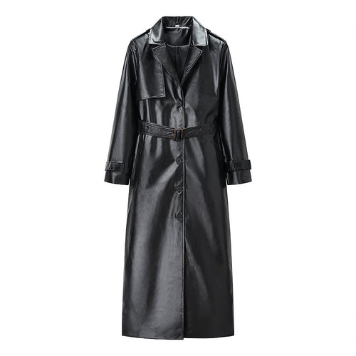 Damer Elegant Faux Læder Trench Coat med Stilfuld Bælte og Praktiske Lommer Stilla