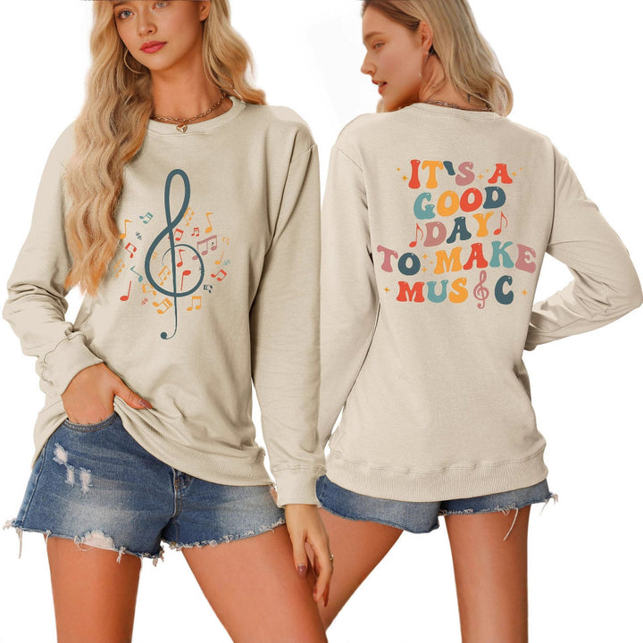 Damer sweatshirt med musikalsk motiv og kreativ tekst Stilla