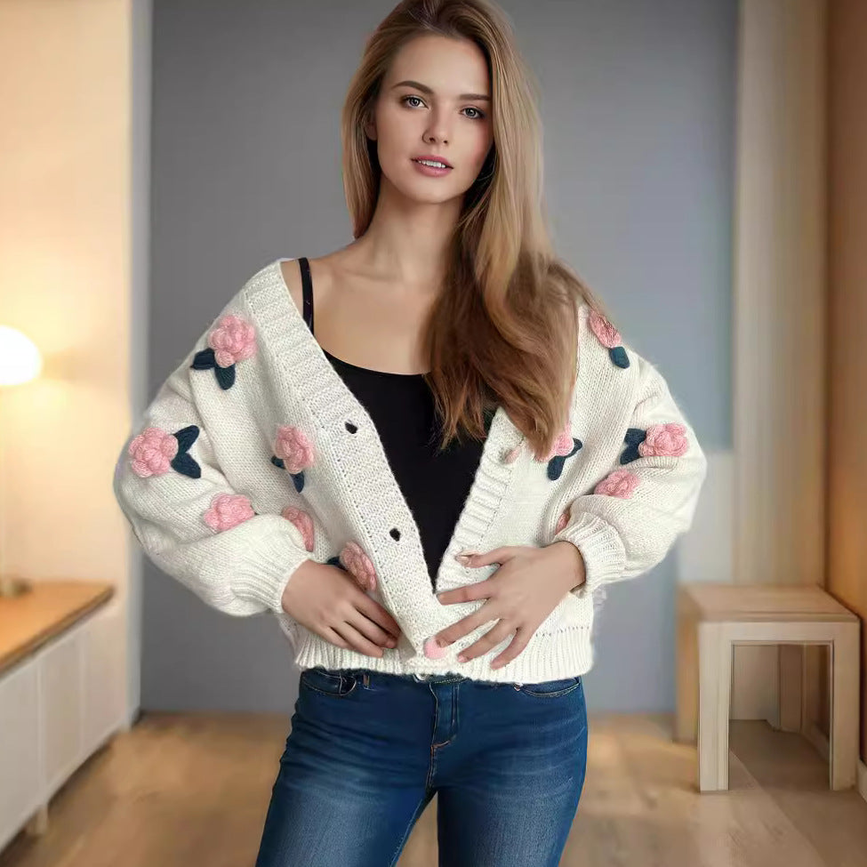Kvinders hyggelige cardigan med blomster 3D-design og store knapper Stilla