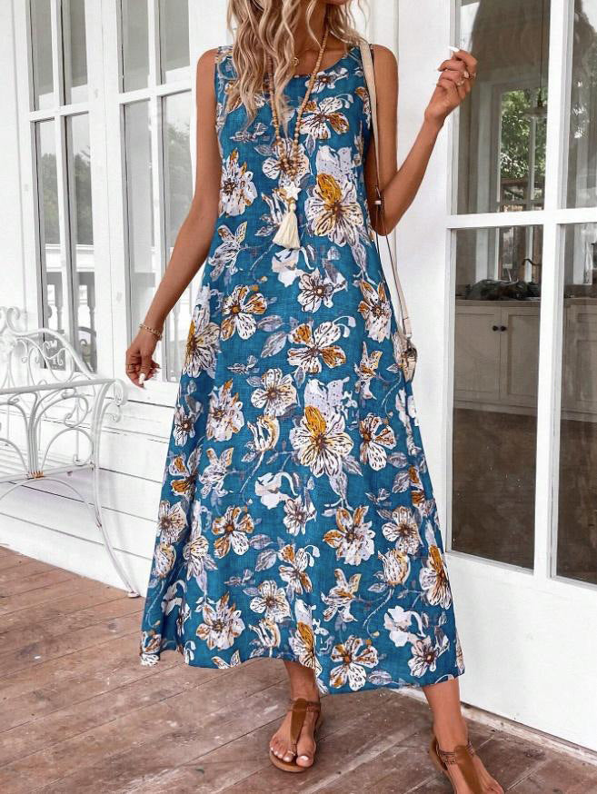 Dame Langt Sommerkjole med blomsterprint og elegant snit Skovae