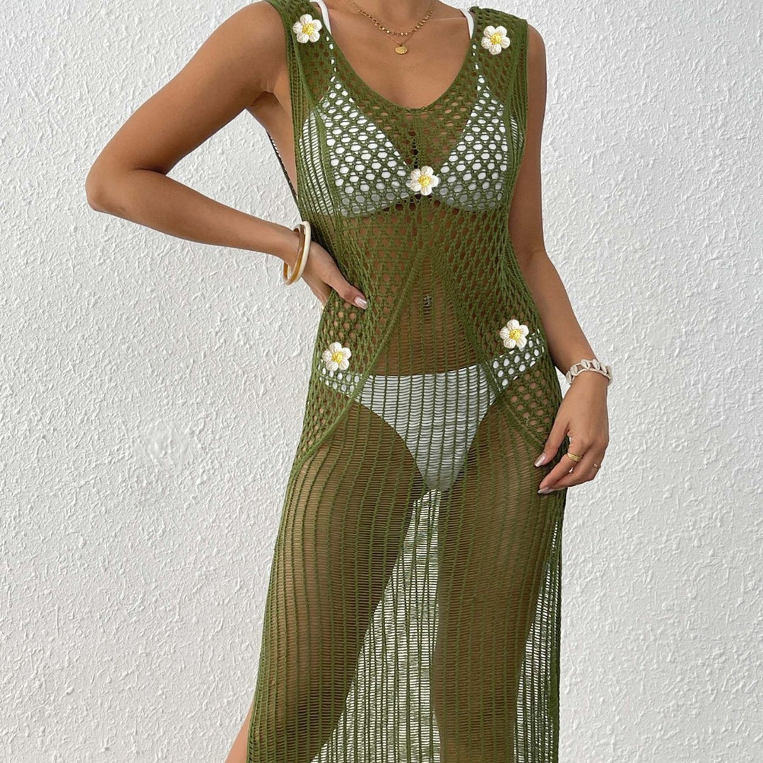 Dame luftig hæklede strandovergang med florale accenter Skovae