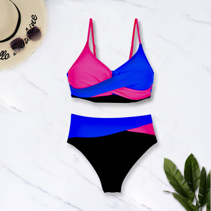 Damer Farverig mønstret Bikini med krydset design og høj talje Stilla