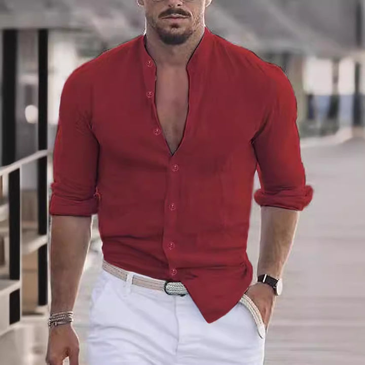 Herre casual linnedshirt med moderne ståkrave og praktisk knaplukning Stilla