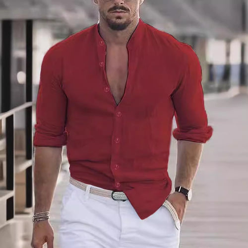 Herre casual linnedshirt med moderne ståkrave og praktisk knaplukning Stilla