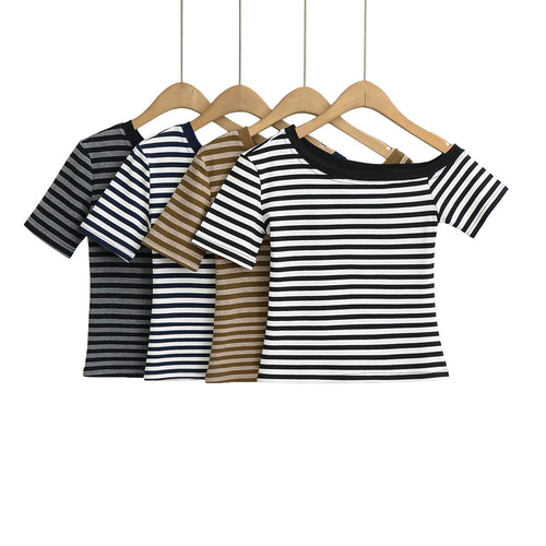 Damer Off-Shoulder stribet T-shirt med elastisk bånd og behagelig pasform Stilla