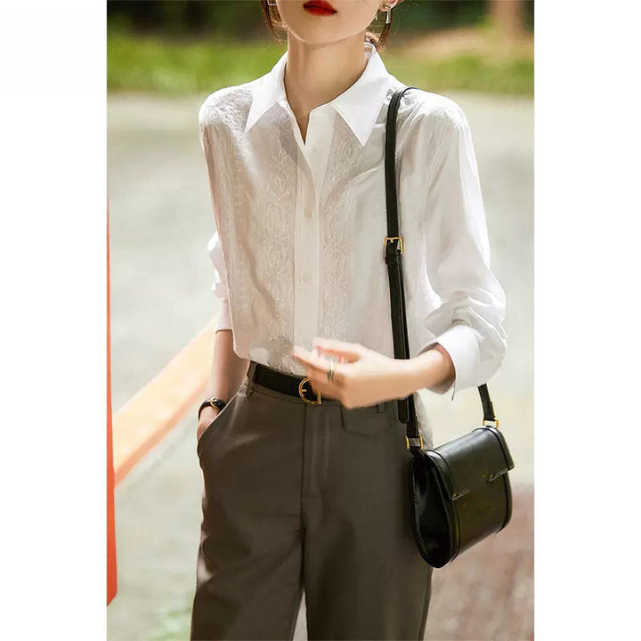 Dame elegant Langærmet bluse med fine broderier og klassisk snit Stilla
