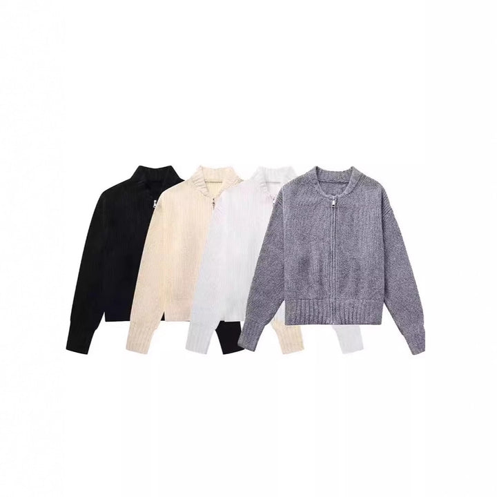Kvindernes moderne cardigan med voluminøse ærmer og lynlås Stilla