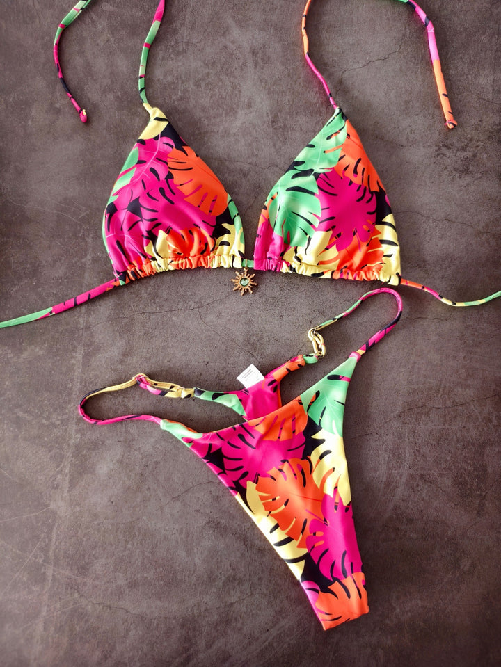 Dame Triangel-Bikini-Sæt med sidelukning og blomsterdesign Skovae