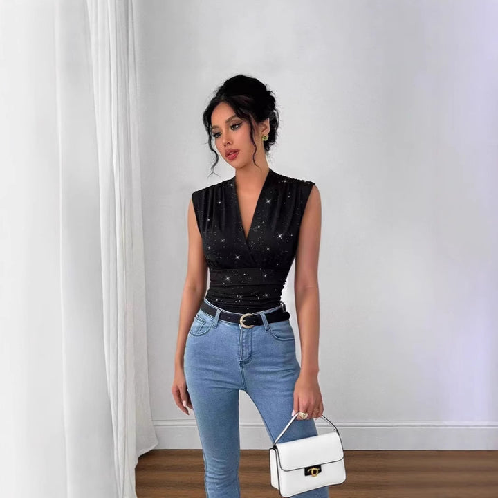 Dame Elegant top med omslagdesign og stjerne-look Stilla