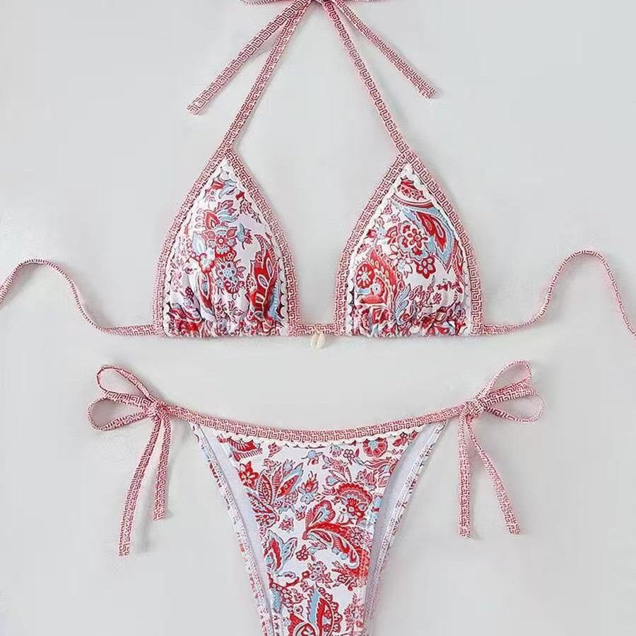 Dame triangelbikini med blomstermønster og justerbare bindebånd Skovae