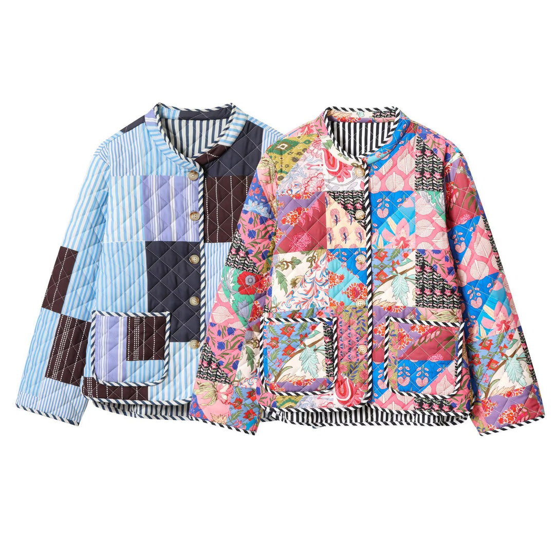 Dame quiltet jakke med farverigt patchwork-design Stilla