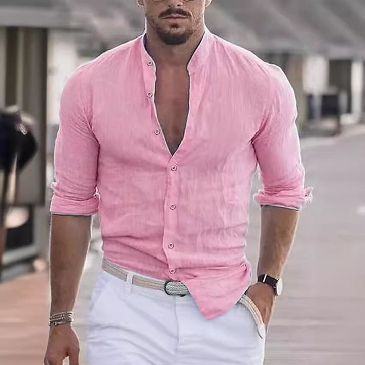 Herre casual linnedshirt med moderne ståkrave og praktisk knaplukning Stilla