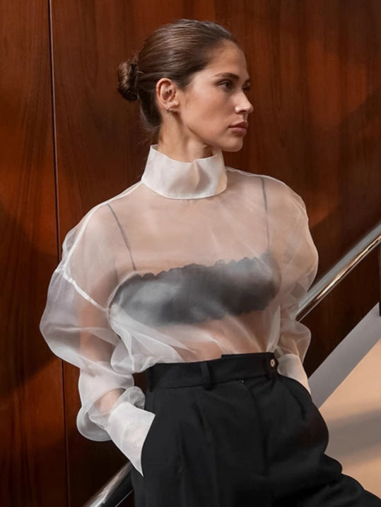 Dame Gennemsigtig Chiffonbluse med højt Krave og elegante Puffærmer Stilla