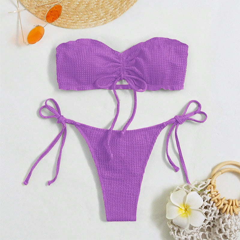 Dame Bikini-sæt med rynket bandeau-top og legesygt knude-design Stilla