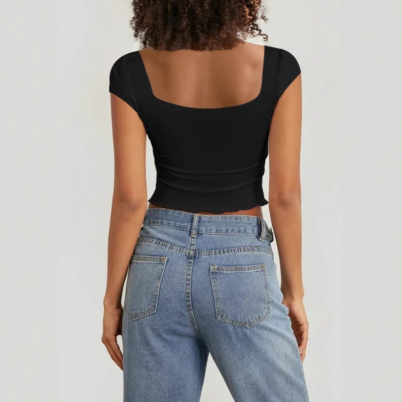 Dame Crop-top med hjerteformet udskæring og rynke Skovae