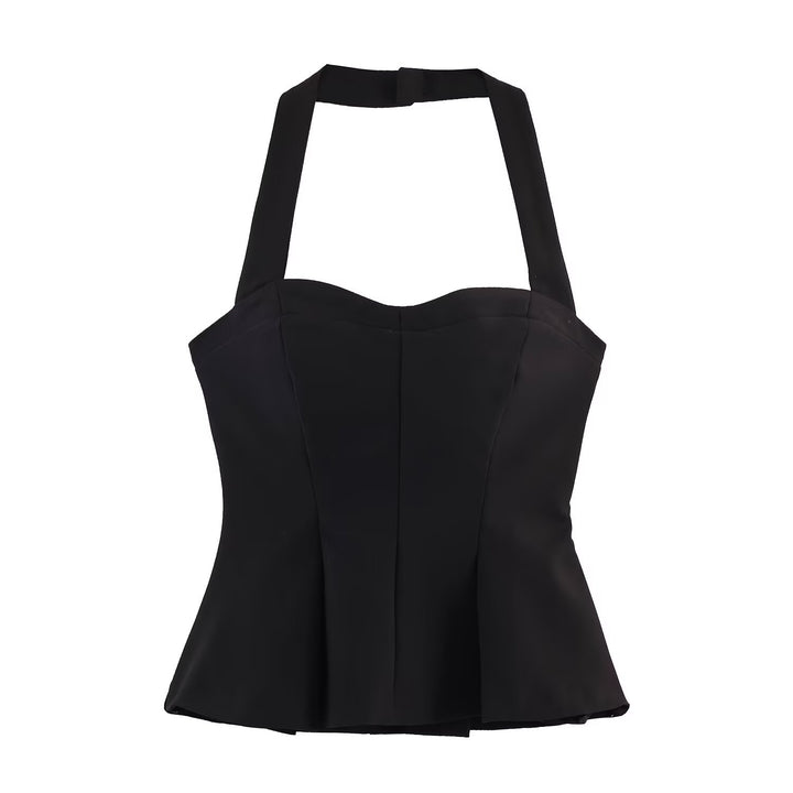 Dame halterneck-top med elegant taljesnit og fine plisseedetaljer Skovae