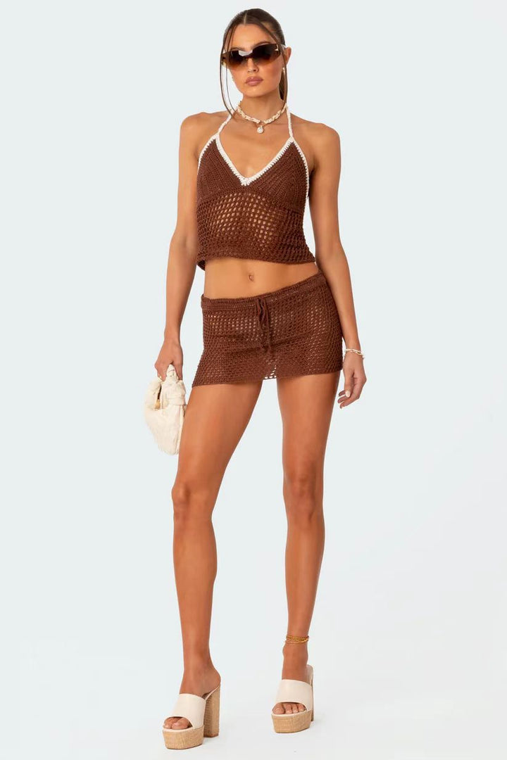 Dame hæklede strand-outfit med justerbar top og shorts Skovae
