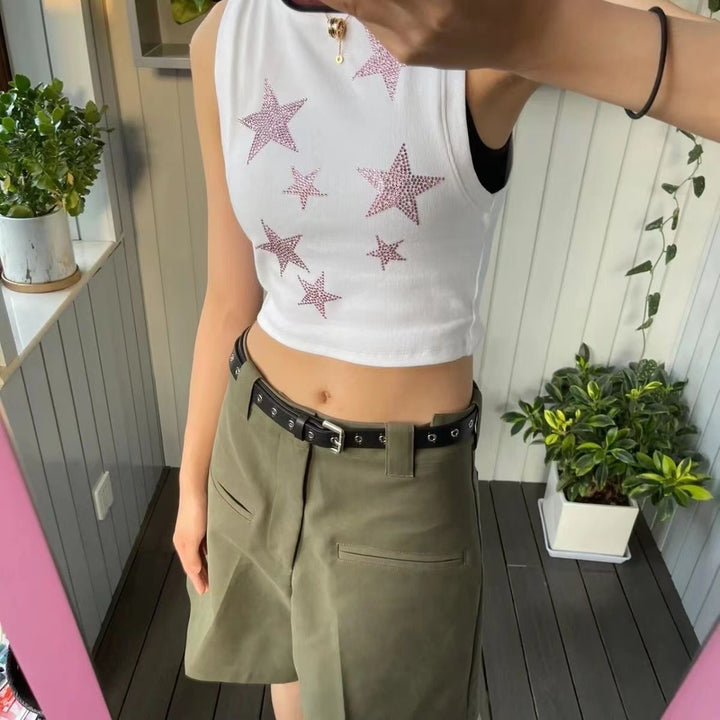 Dame Crop-Top med glitrende stjernemotiv og elastisk skæring Stilla