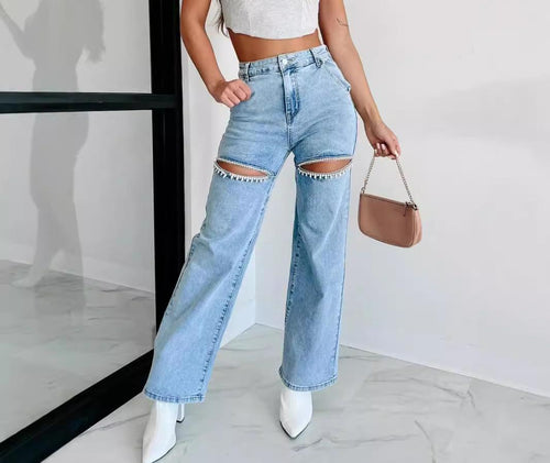 Damejeans i vintage-stil med åbne knæ og glimmerdetaljer Stilla
