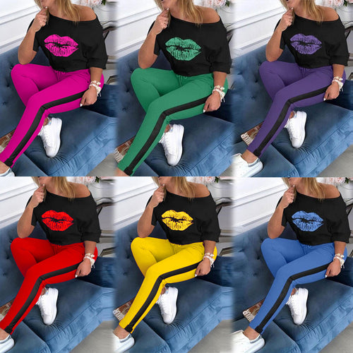 Dame Mode Sweatshirt med Læbe Motiv og Sporty Leggings Stilla