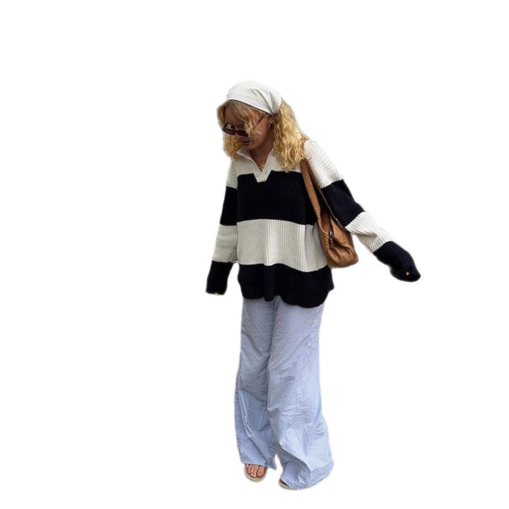 Damer Sporty Pullover med Krave og Blokstriber Stilla